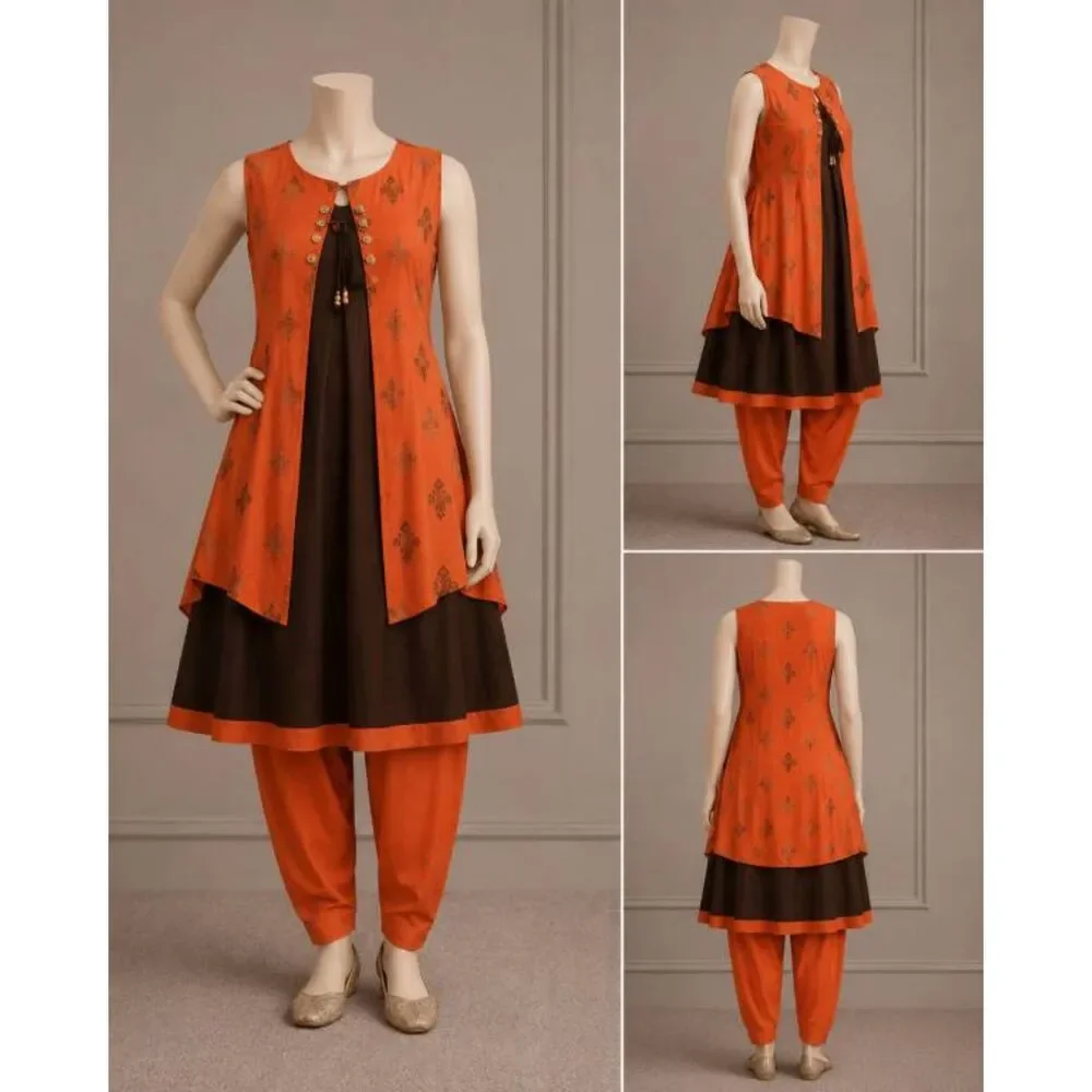 Indian Ethnic 3-Piece Set Orange Brown Kurti Jacket Pants Sz 36